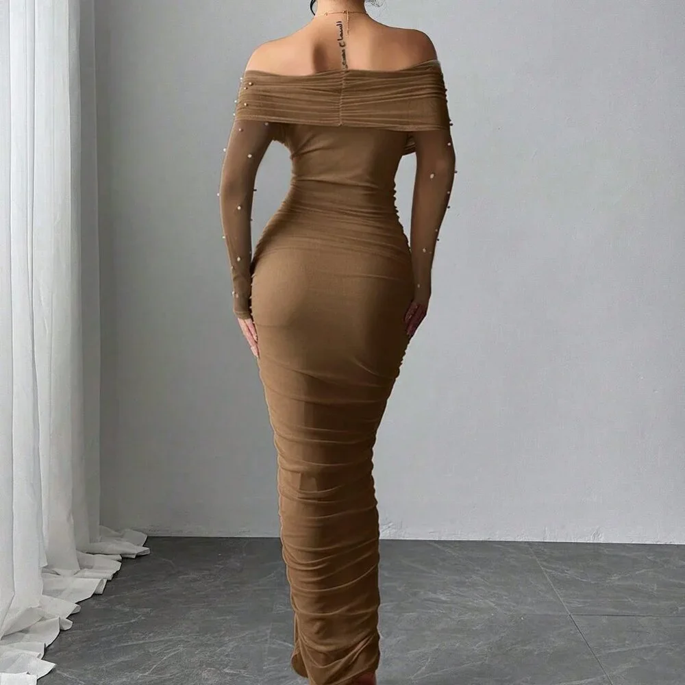 Coffee Brown Elegant Women's Off-Shoulder Pearl Decor Ruffle Maxi Dress - Picture 10 of 10
